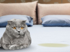 An image depicting a concerning situation where a cat is urinating on a bed.