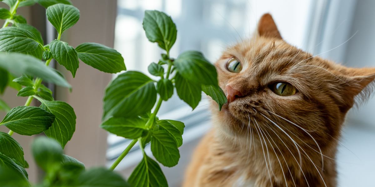 Bezauberndes Bild, das die spielerische Neugier von Katzen einfängt, während sie an Basilikumblättern knabbern