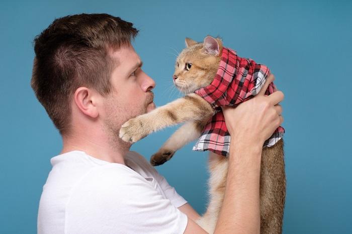 Foto eines Mannes, der eine zufriedene und entspannte Katze hält. Beide strahlen in dem gemeinsamen Moment ein Gefühl von Harmonie und Freundschaft aus.