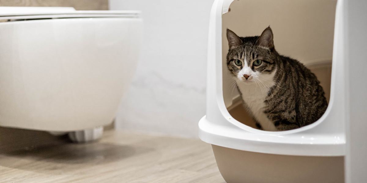 Katze pinkelt oder kackt in eine abgedeckte Katzentoilette.