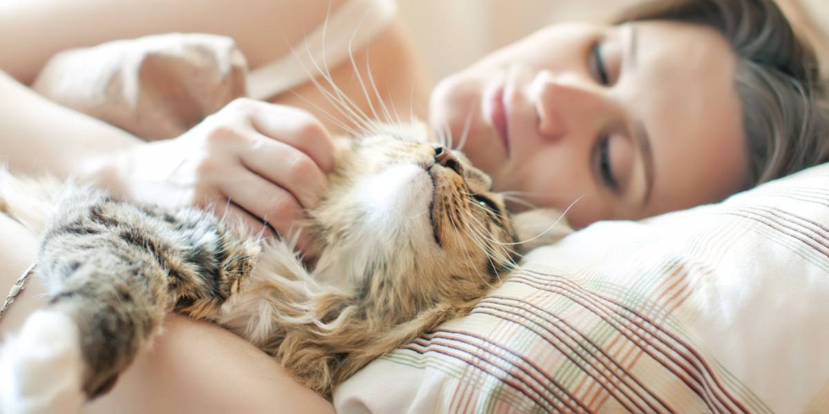 Frau schläft mit Katze im Bett